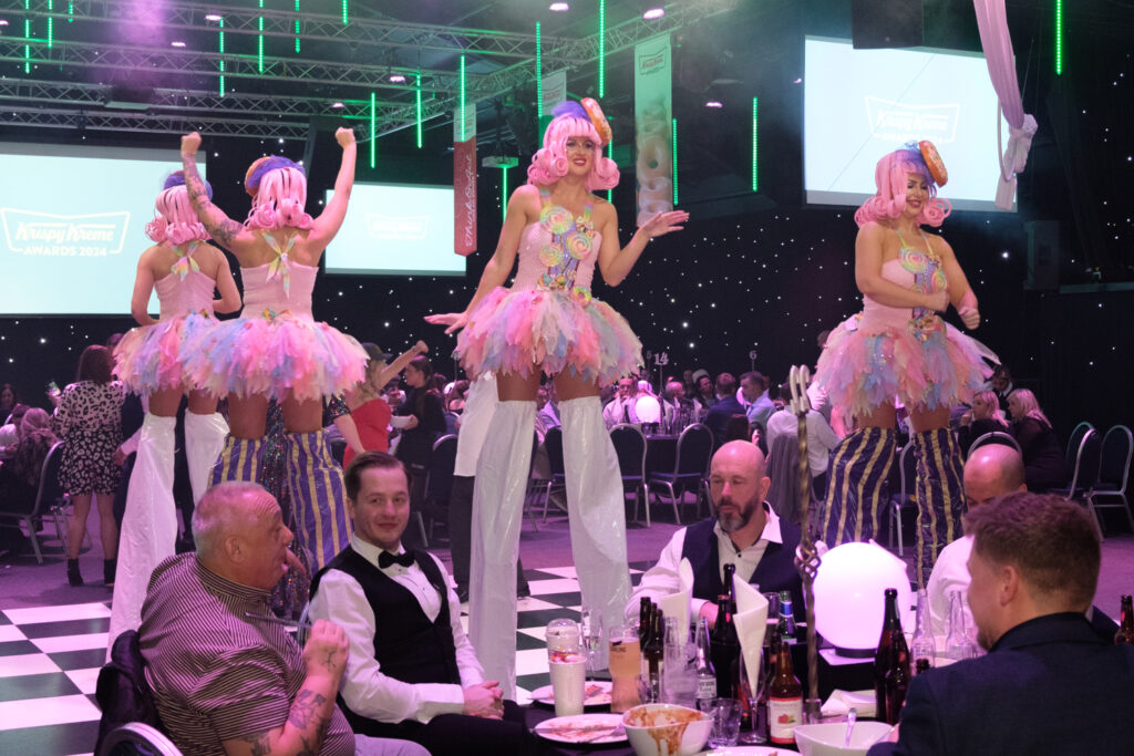 Area51's candy & lollipop themed stilt walkers at the Heart of England Conference & Events centre for Krispy Kreme Doughnuts.