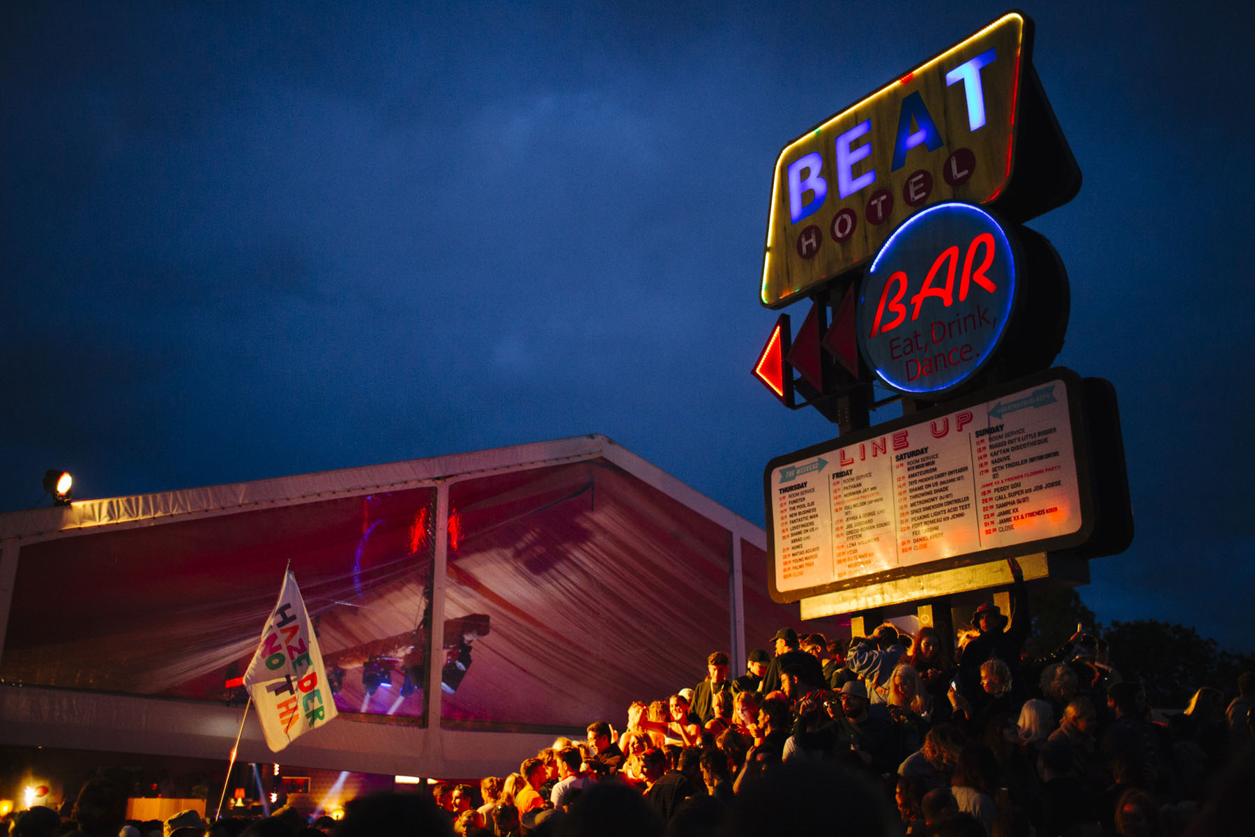 Beat Hotel sign at Glastonbury festival by Area 51